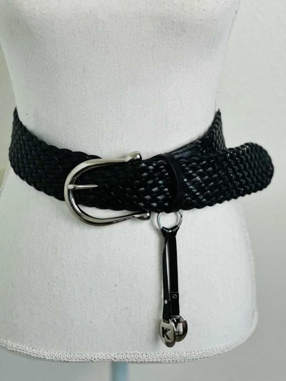 Michael Kors Woven Leather Circle-Buckle Belt in Black Size Small